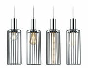 Vier moderne Hängelampen mit zylindrischen Metallgitterschirmen, aus der Frontalperspektive fotografiert.