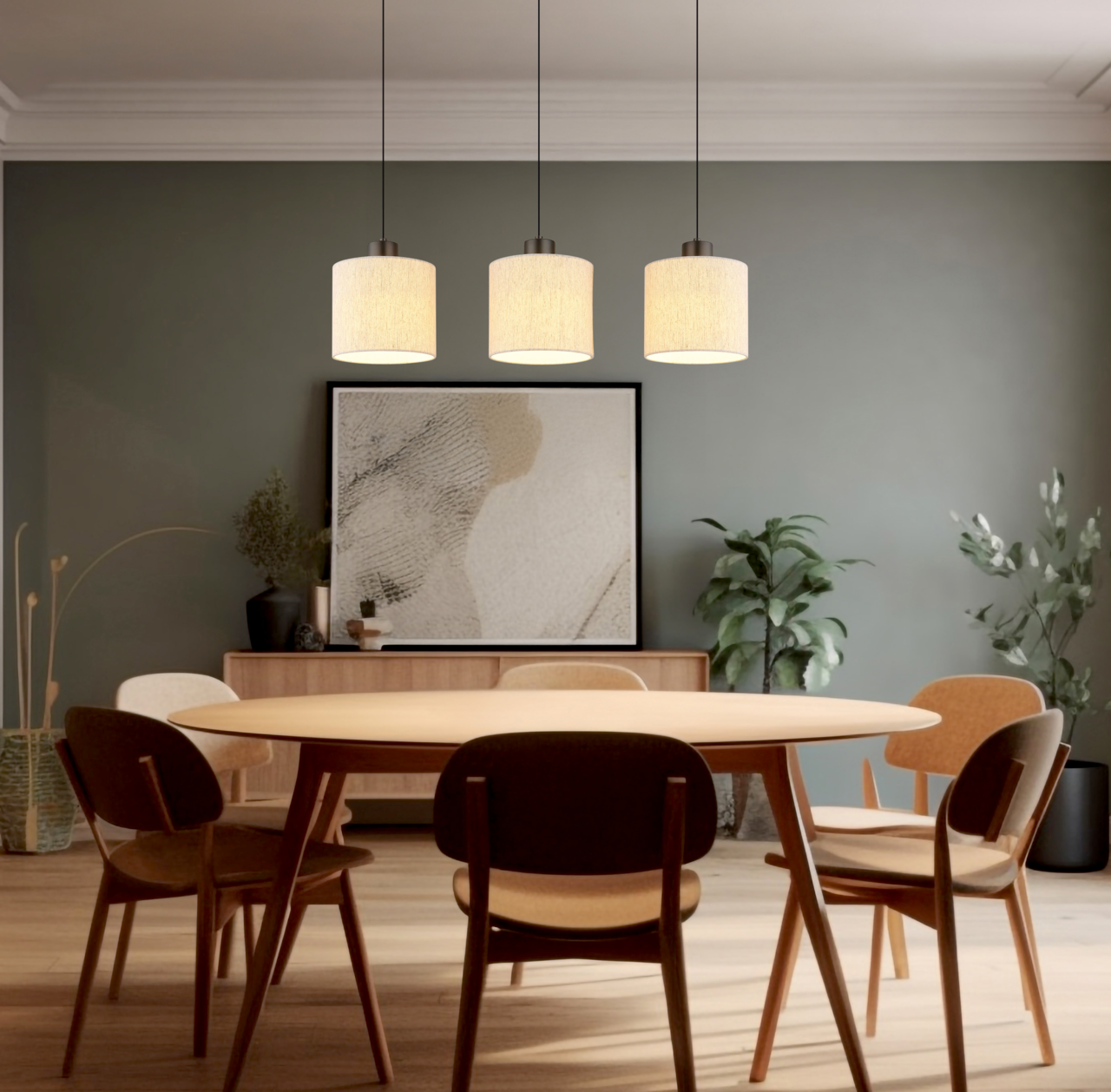 Drei moderne Hängeleuchten in einem stilvoll eingerichteten Esszimmer, aus der Perspektive über dem Esstisch betrachtet.