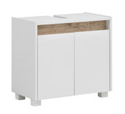 Moderner weißer Waschbeckenunterschrank mit Holzdekor, Vorderansicht leicht von der Seite