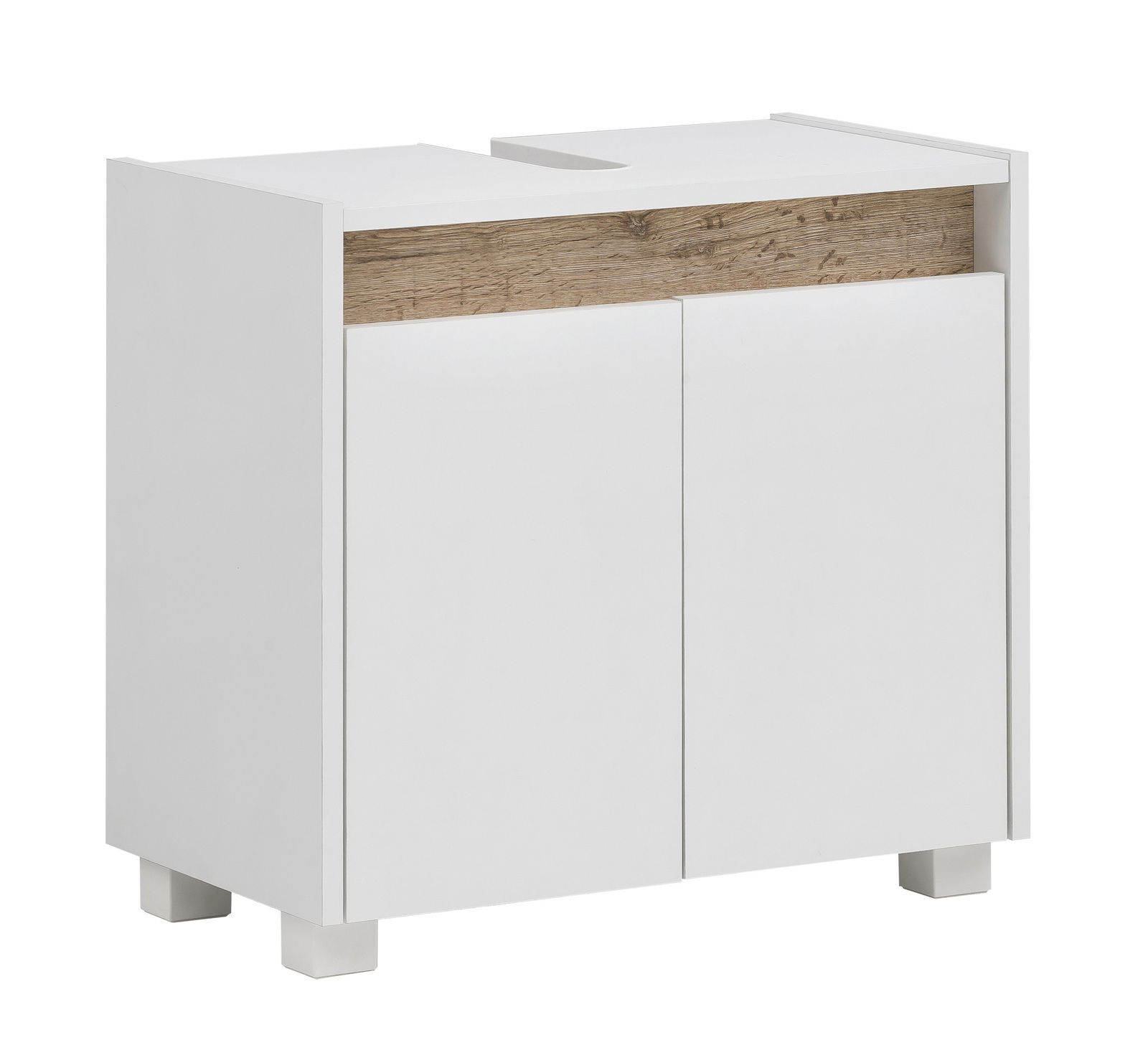 Moderner weißer Waschbeckenunterschrank mit Holzdekor, Vorderansicht leicht von der Seite