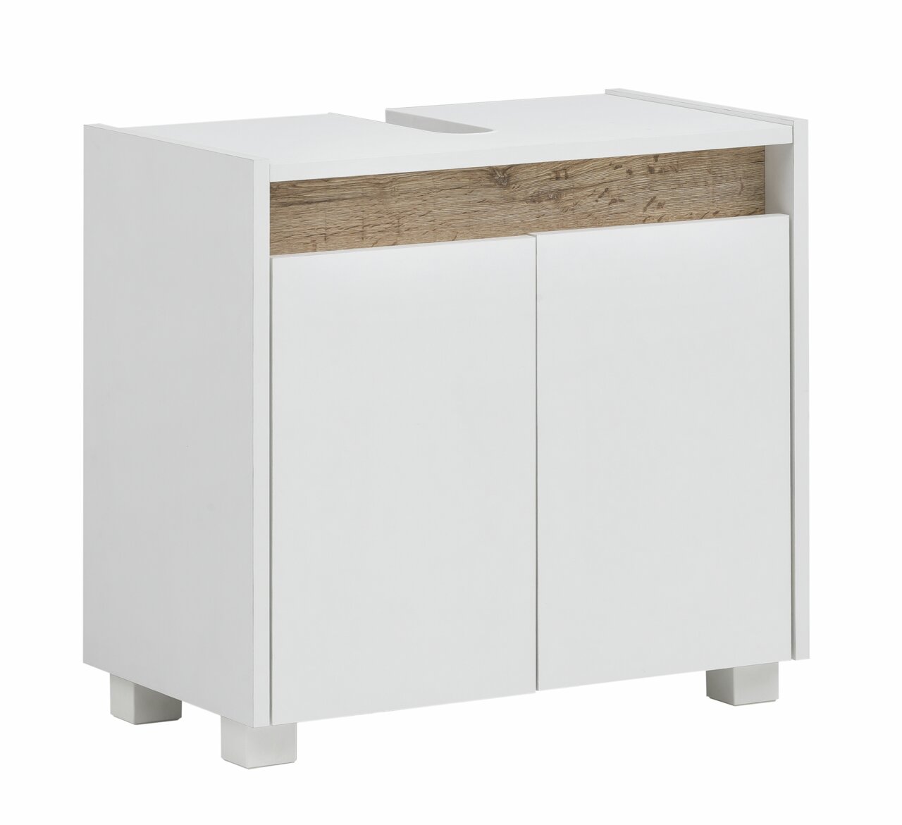 Stylife Waschbeckenunterschrank COSMO Moderner weißer Waschbeckenunterschrank mit Holzdekor, Vorderansicht leicht von der Seite