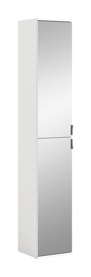 Hochformatiger Spiegelschrank mit zwei verspiegelten Türen, seitliche Perspektive