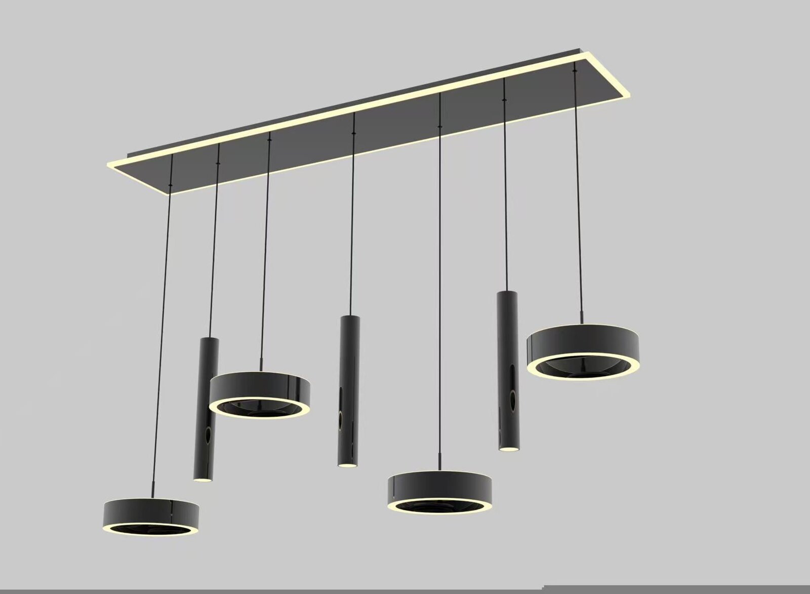 Moderne zwarte LED-hanglamp met rechthoekige plafondplaat en meerdere ronde en cilindervormige lichtelementen, schuin van onderen gezien
