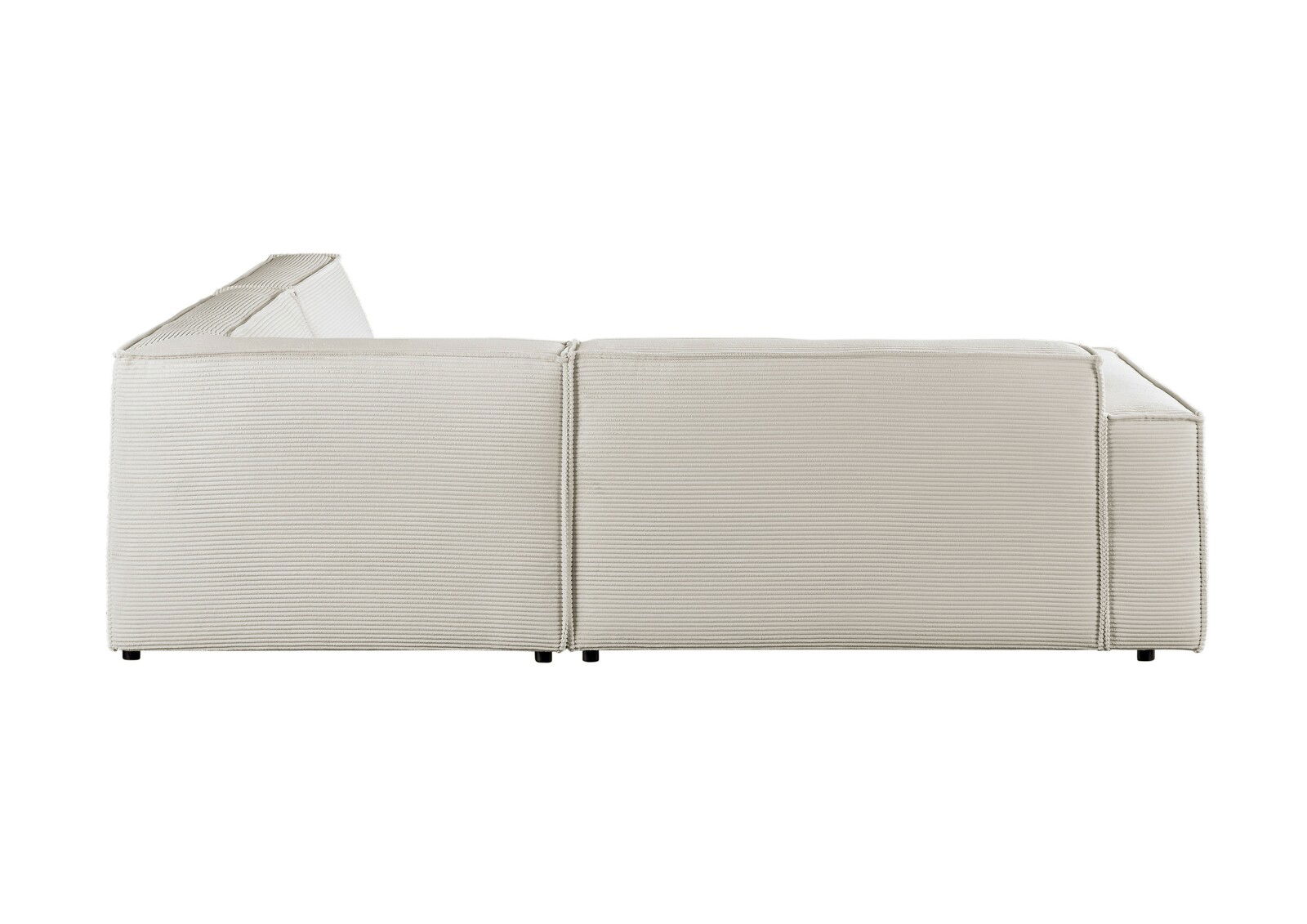 Rückansicht einer beigen Eckkombination mit geripptem Stoffbezug.