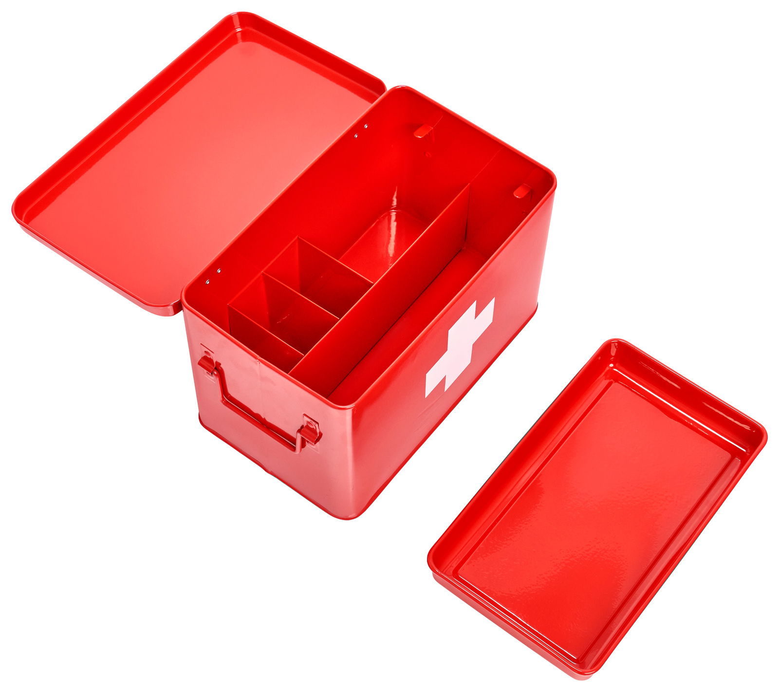 Rote Metall-Medizinbox mit geöffnetem Deckel und Fächern, aus der Vogelperspektive.