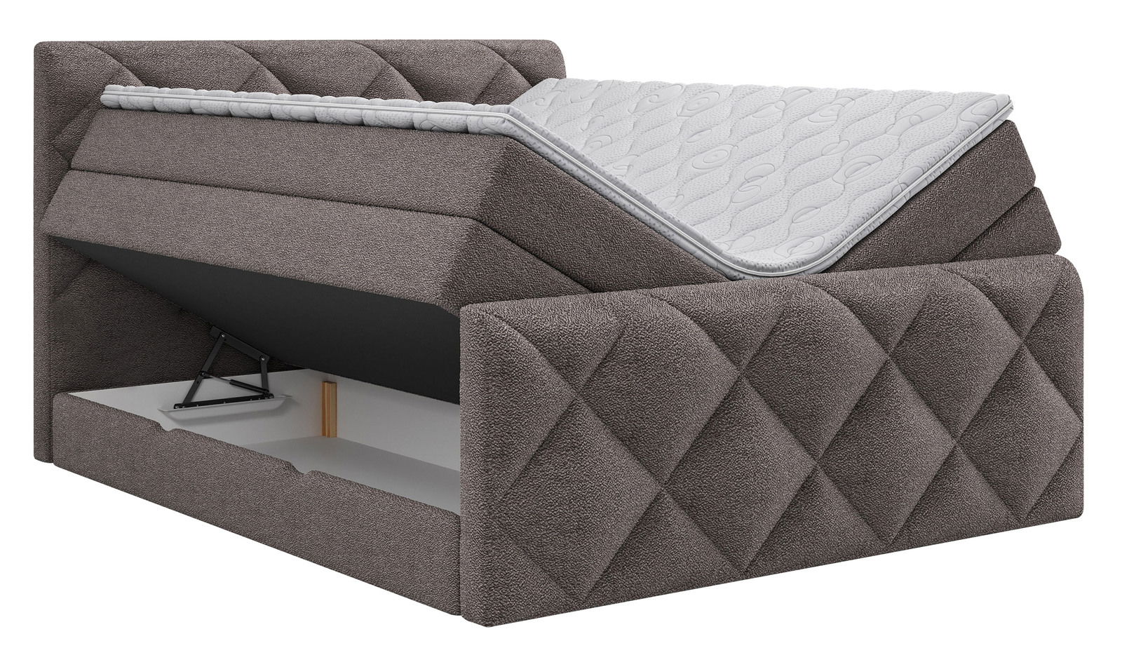 Boxspringbett mit geöffnetem Stauraum, seitliche Perspektive