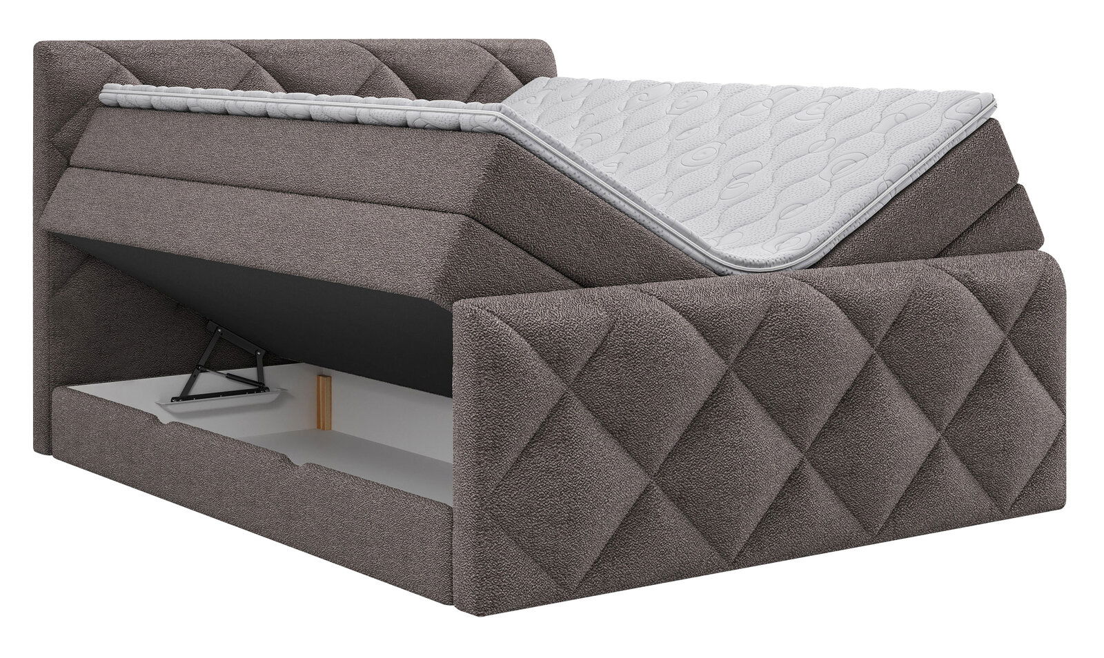 Boxspringbett mit geöffnetem Stauraum, seitliche Perspektive