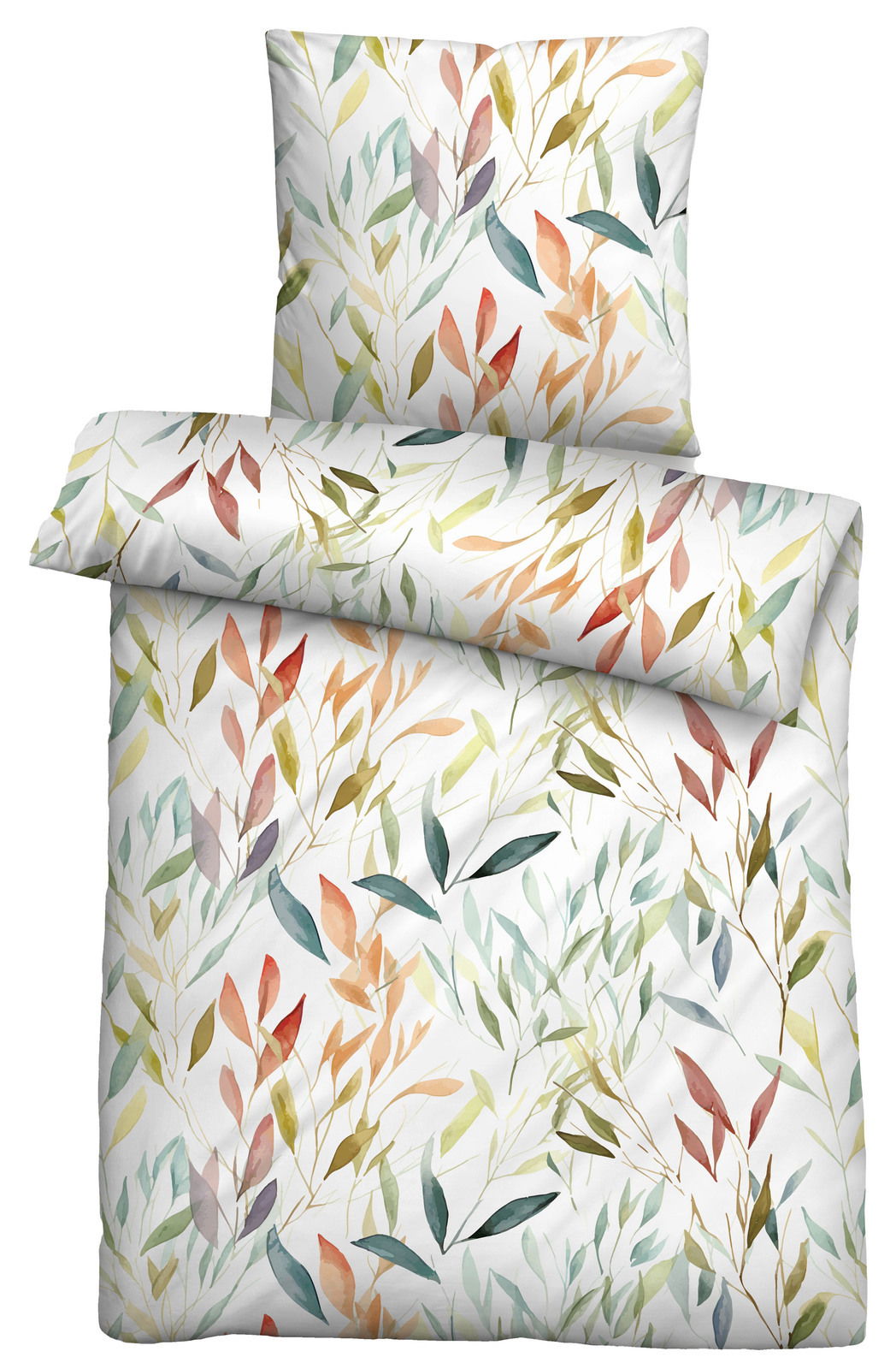 Bettwäsche-Set mit buntem Blätterdesign in Aquarelloptik, Draufsicht