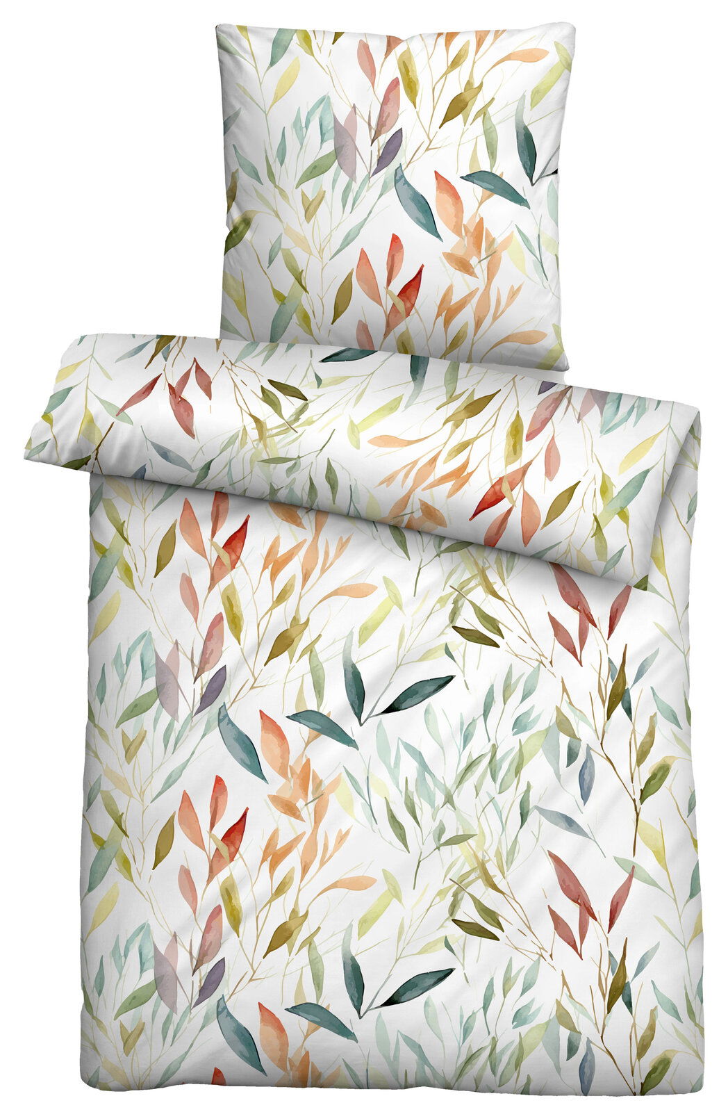 Bettwäsche-Set mit buntem Blätterdesign in Aquarelloptik, Draufsicht