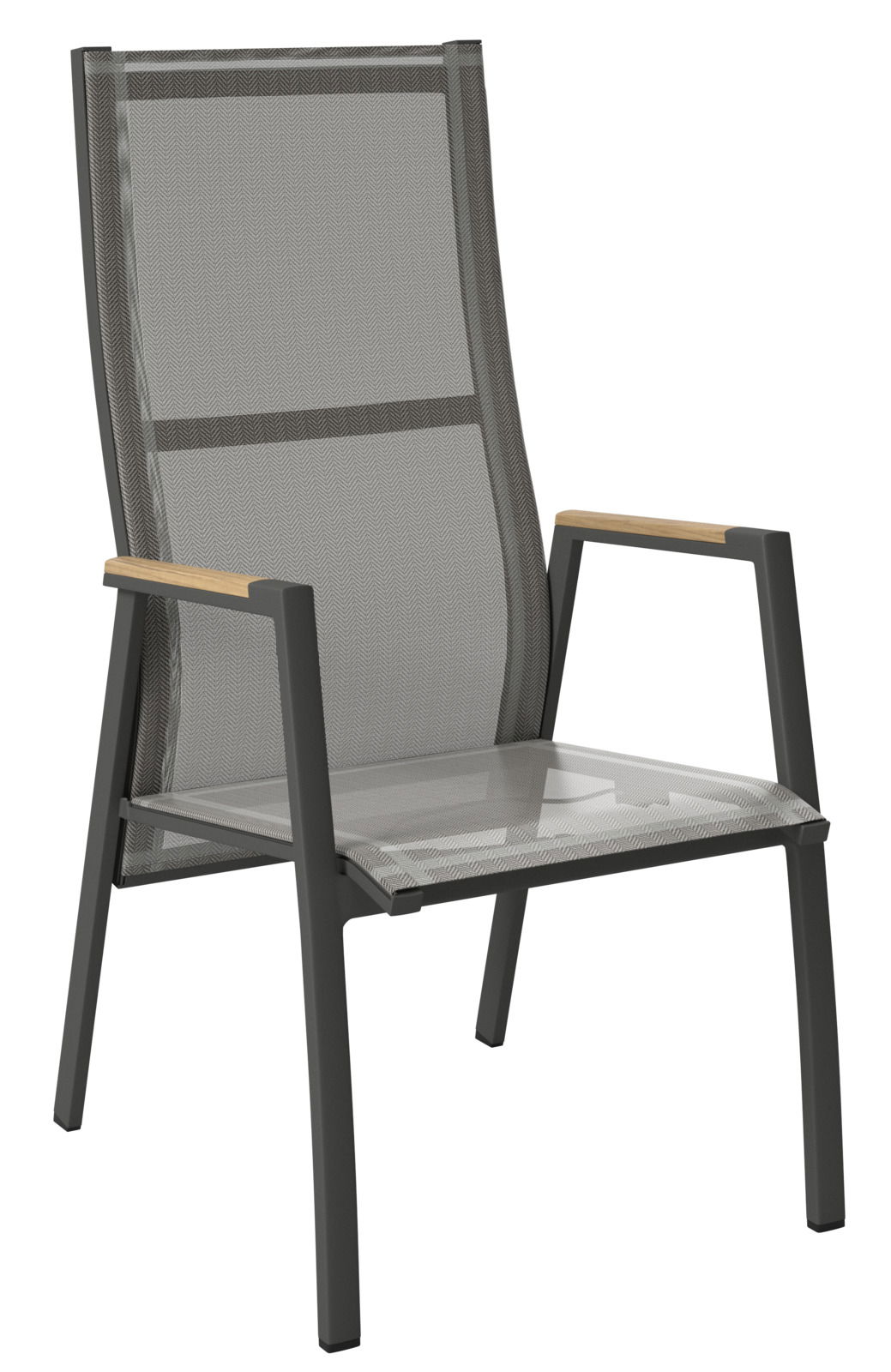 Moderner Gartensessel mit Metallrahmen und Holzarmlehnen, seitliche Perspektive