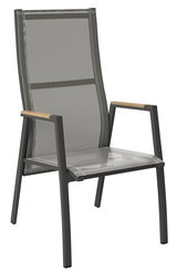 Moderner Gartensessel mit Metallrahmen und Holzarmlehnen, seitliche Perspektive