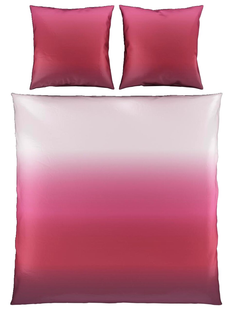 Bettwäsche-Set mit Farbverlauf von Weiß zu Rot, bestehend aus einem Bettbezug und zwei Kissenbezügen, aus der Vogelperspektive.
