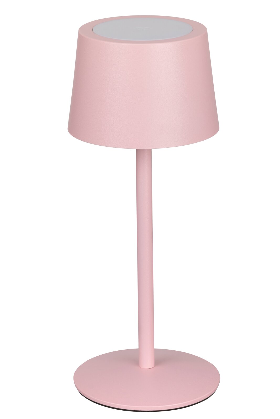 Rosa Akku-Tischleuchte in seitlicher Perspektive mit modernem, minimalistischem Design.