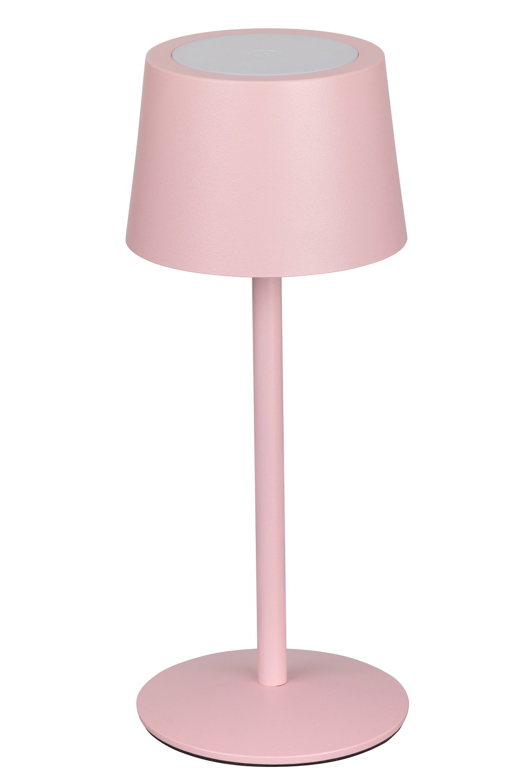 Rosa Akku-Tischleuchte in seitlicher Perspektive mit modernem, minimalistischem Design.