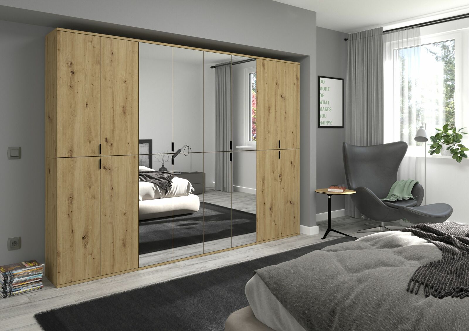 Moderne Garderobenkombination mit Holzoptik und Spiegeltüren, frontal im Schlafzimmer platziert.