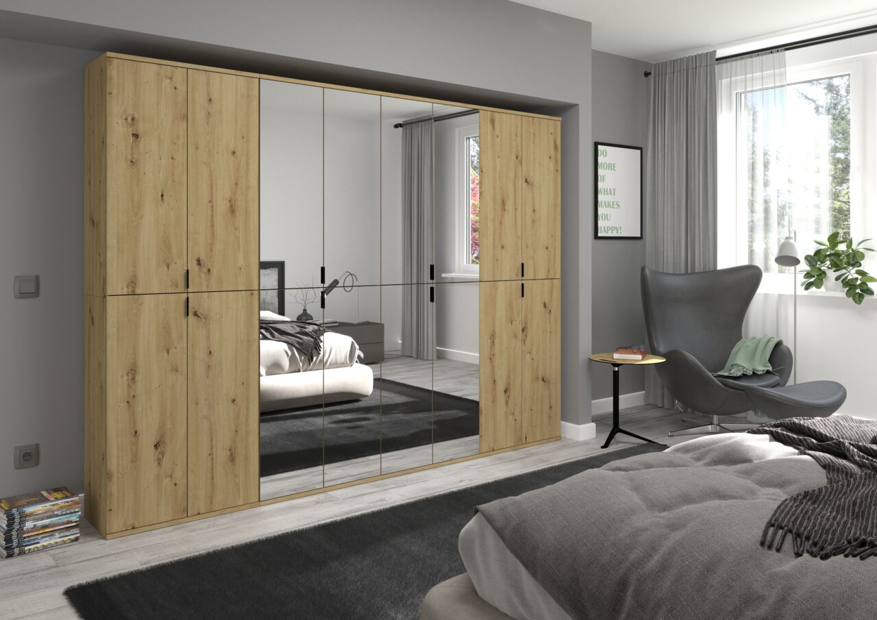 MID.YOU Garderobenschrankkombination PROJEKT X Moderne Garderobenkombination mit Holzoptik und Spiegeltüren, frontal im Schlafzimmer platziert.