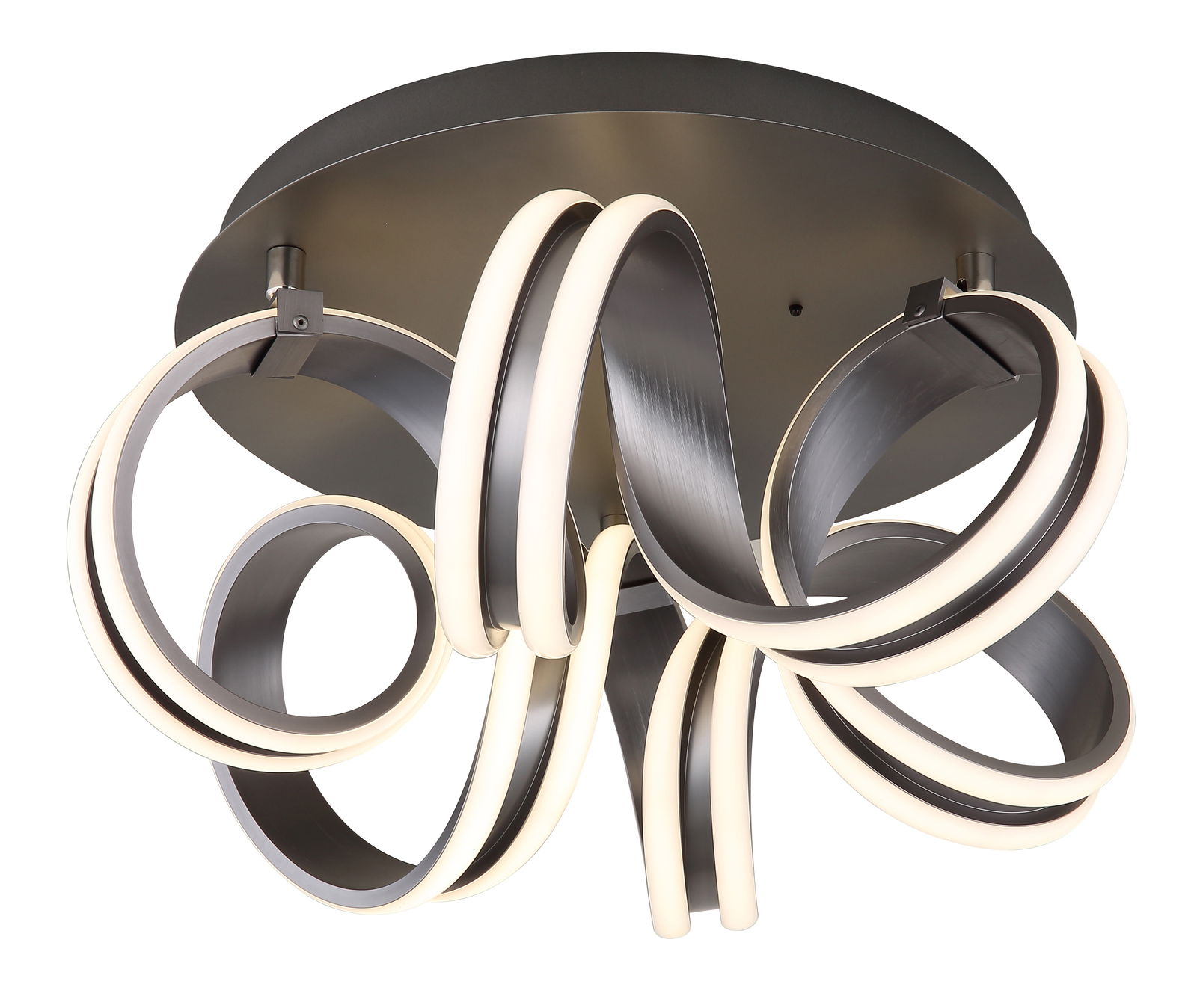 Moderne Deckenleuchte mit geschwungenen LED-Lichtbändern, Ansicht von unten.