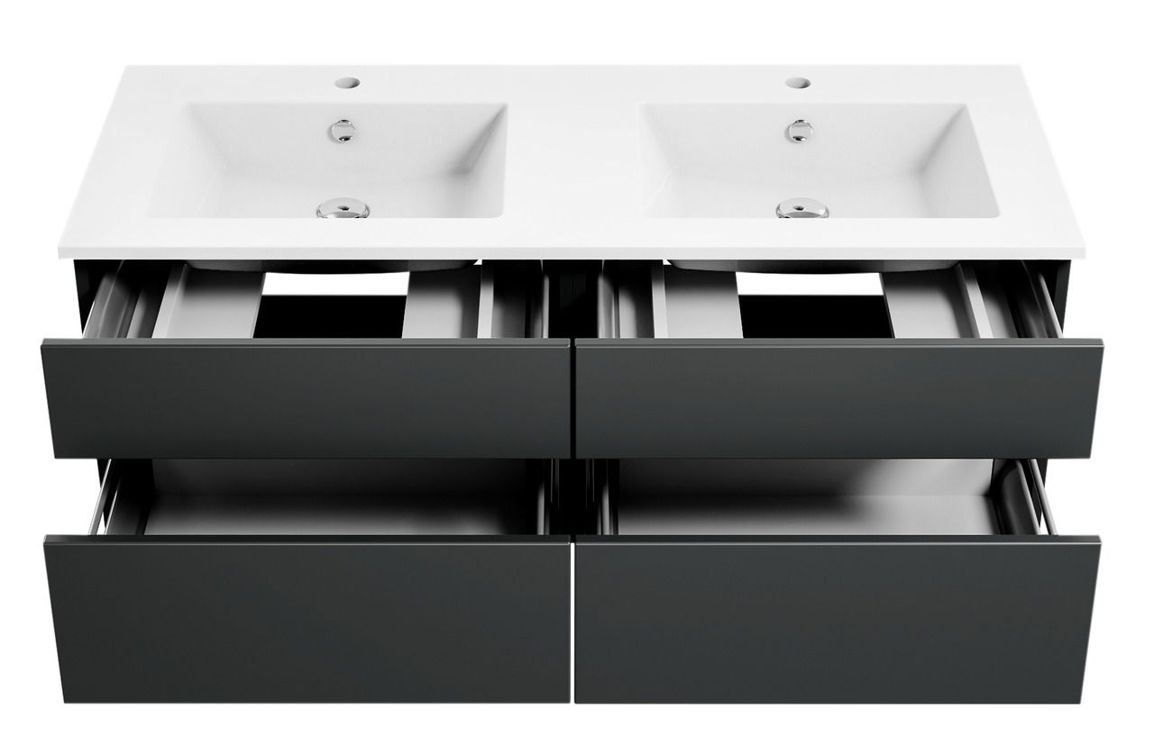 Moderne Badkombination mit zwei Waschbecken und vier offenen Schubladen, Ansicht von oben.