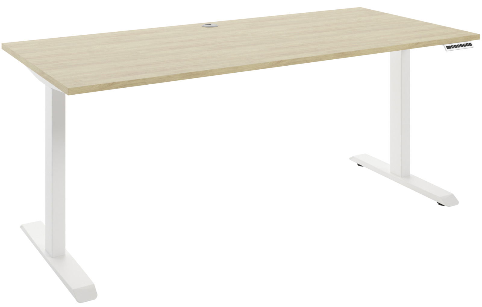 Manjana E-Schreibtisch 2-motorig OHIO Moderner E-Schreibtisch mit heller Holzoberfläche und weißen, höhenverstellbaren Beinen, seitliche Perspektive