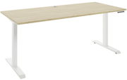 Moderner E-Schreibtisch mit heller Holzoberfläche und weißen, höhenverstellbaren Beinen, seitliche Perspektive