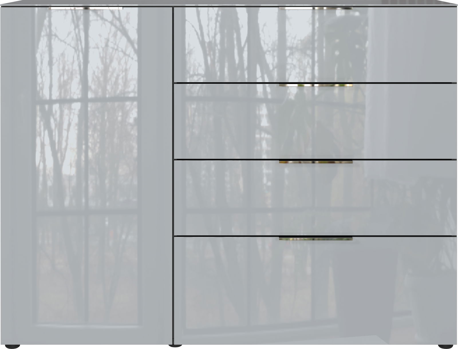 Modernes Sideboard mit Hochglanzoberfläche und drei Schubladen, frontale Ansicht.