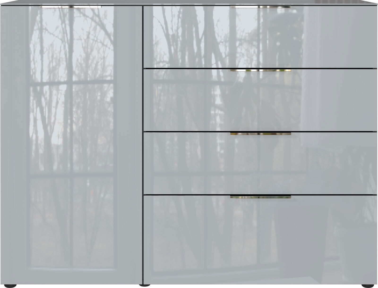 Modernes Sideboard mit Hochglanzoberfläche und drei Schubladen, frontale Ansicht.