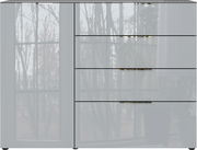 Modernes Sideboard mit Hochglanzoberfläche und drei Schubladen, frontale Ansicht.