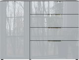 Modernes Sideboard mit Hochglanzoberfläche und drei Schubladen, frontale Ansicht.
