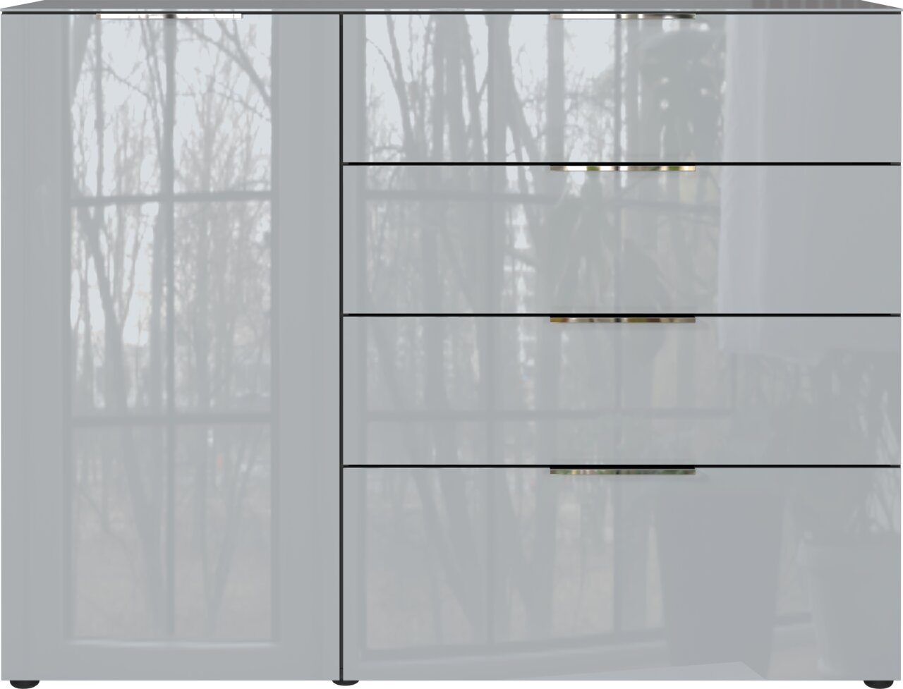 Modern dressoir met hoogglansafwerking en drie lades, gezien van voren.