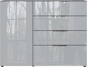 Modern dressoir met hoogglansafwerking en drie lades, gezien van voren.