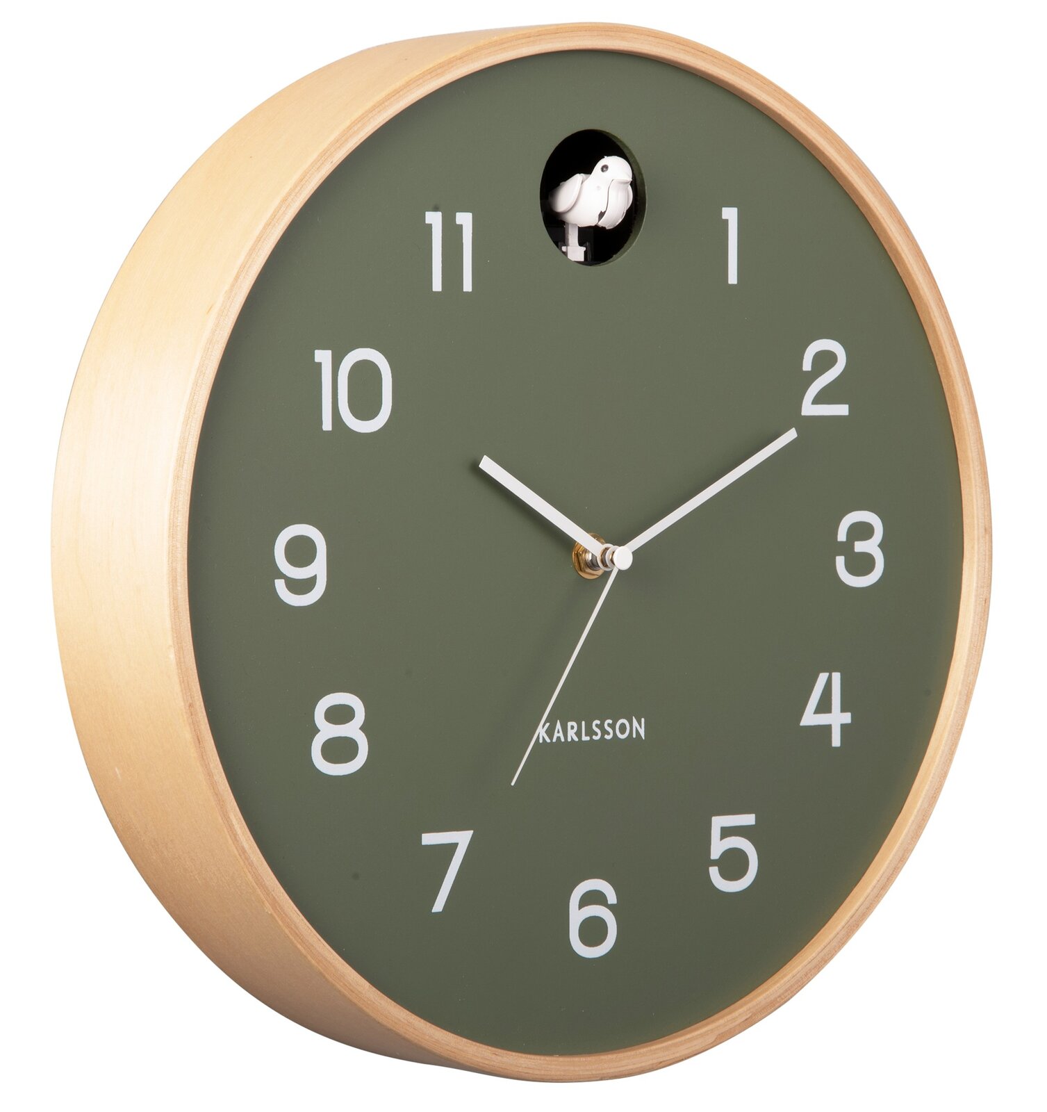 Runde Wanduhr von KARLSSON mit grünem Zifferblatt und weißem Kuckuck, seitliche Perspektive