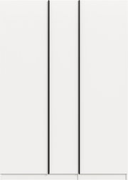 Minimalistischer weißer Schrank mit zwei hohen Türen und schwarzen vertikalen Griffleisten, frontale Ansicht.