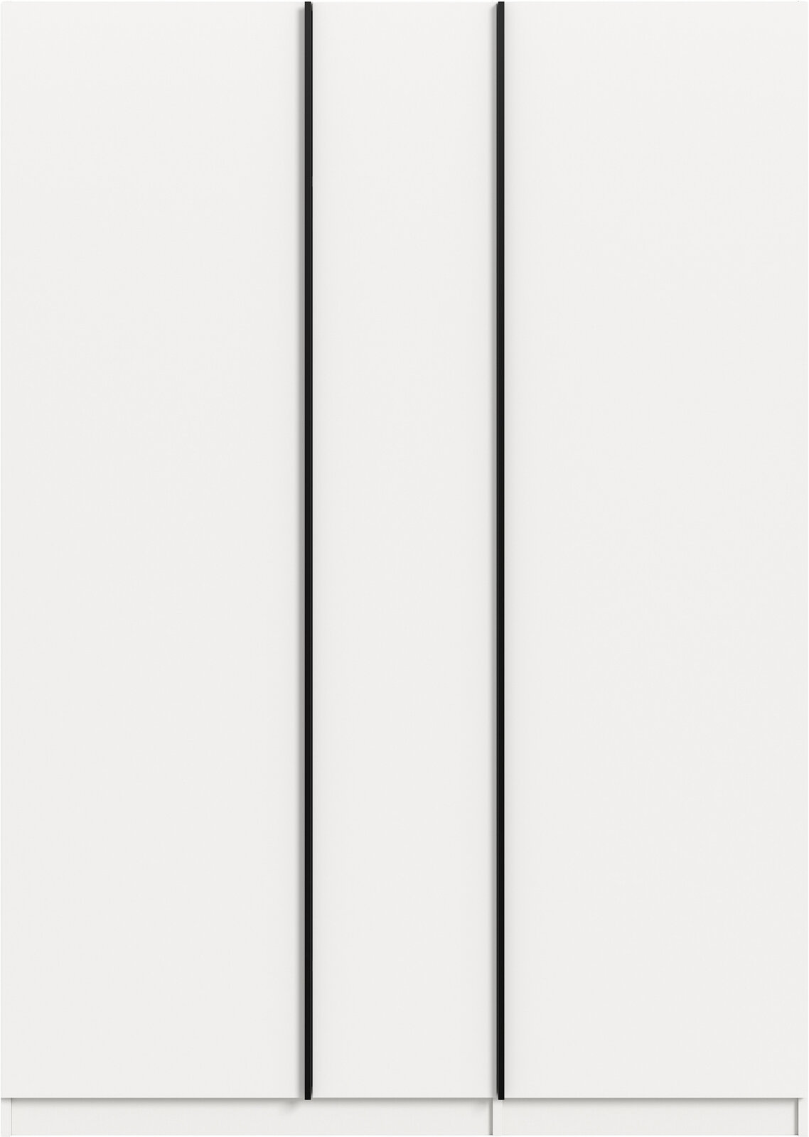 Minimalistischer weißer Schrank mit zwei hohen Türen und schwarzen vertikalen Griffleisten, frontale Ansicht.