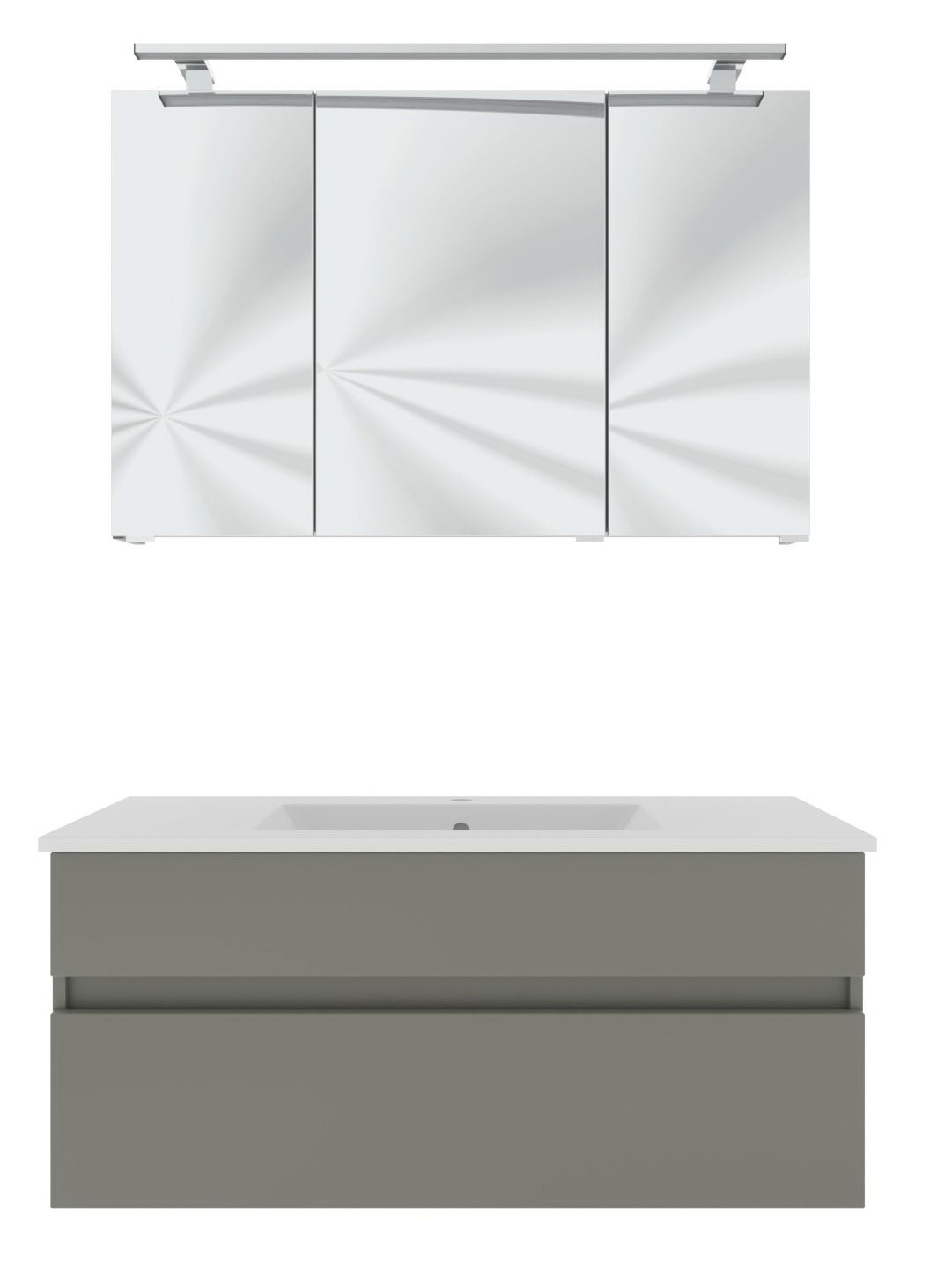 Moderner Badblock mit Spiegelschrank und Waschbeckenunterschrank, Frontalansicht