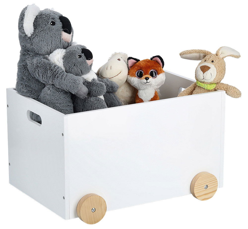 Zeller Present Kinder-Spielzeugkiste m.Rollen Weiße Kinder-Spielzeugkiste mit Rollen, gefüllt mit Plüschtieren, seitliche Perspektive
