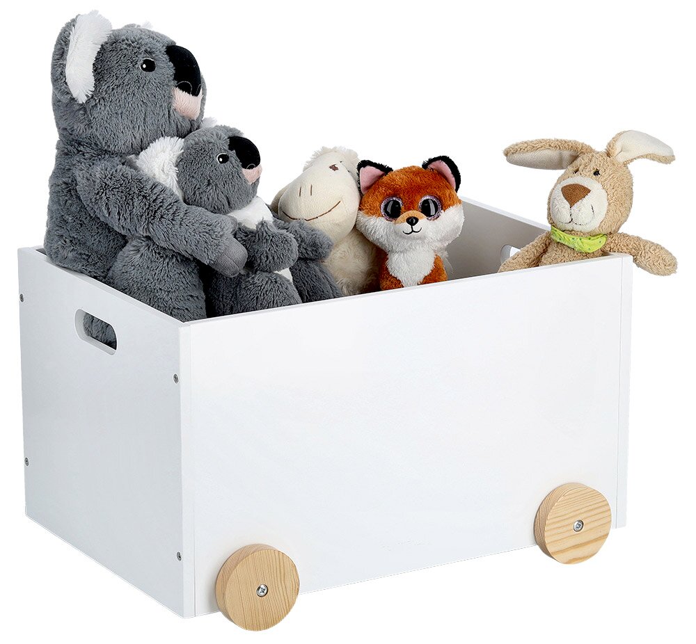 Zeller Present Kinder-Spielzeugkiste m.Rollen Weiße Kinder-Spielzeugkiste mit Rollen, gefüllt mit Plüschtieren, seitliche Perspektive
