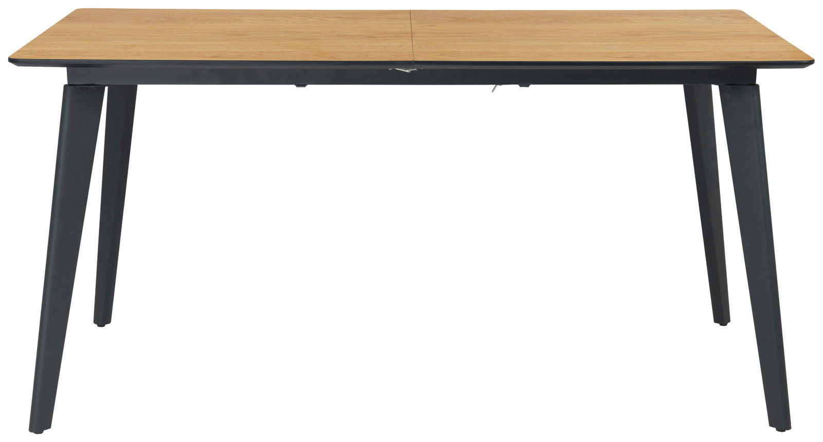 Moderner Esstisch mit Holzplatte und schwarzen Metallbeinen, Frontalansicht