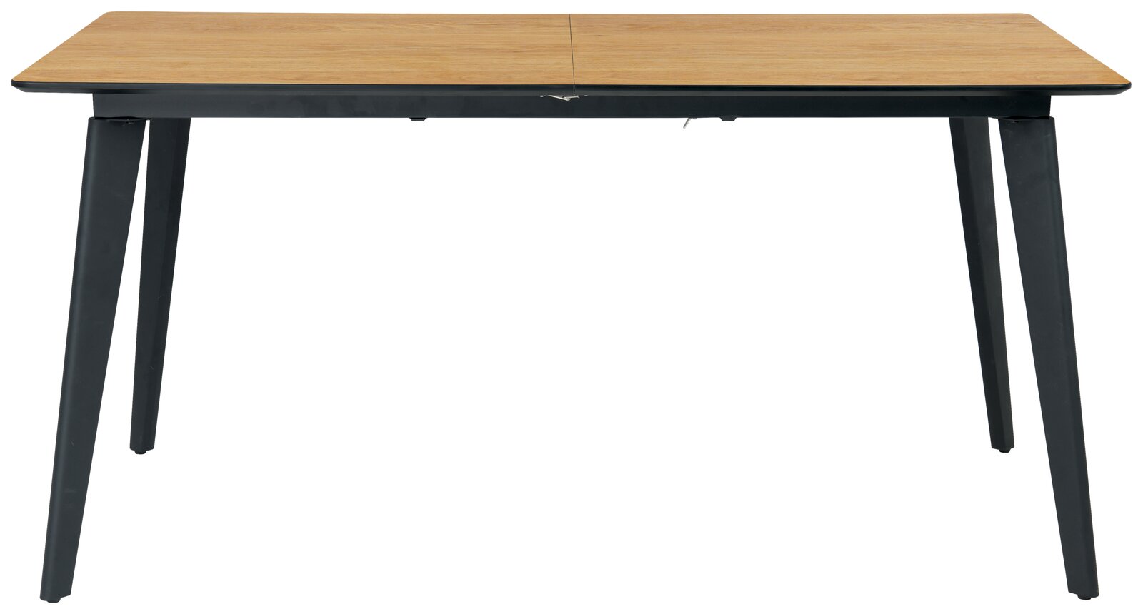 Moderner Esstisch mit Holzplatte und schwarzen Metallbeinen, Frontalansicht