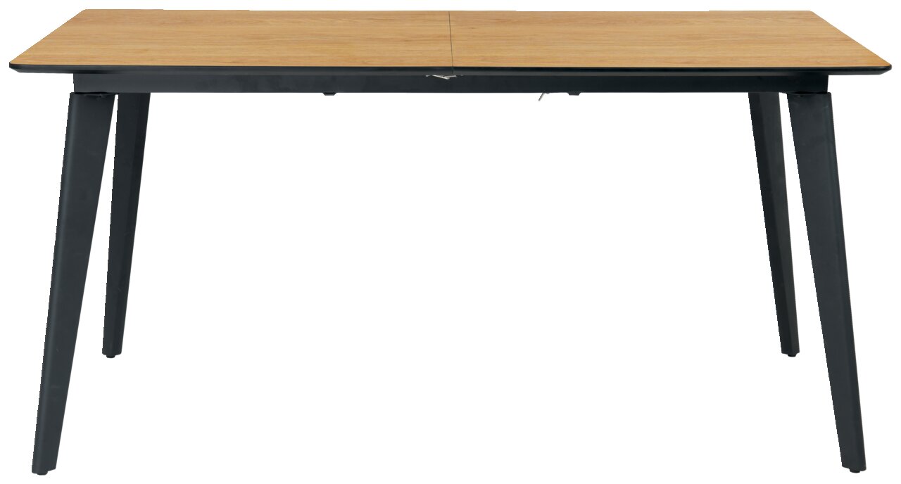 Moderner Esstisch mit Holzplatte und schwarzen Metallbeinen, Frontalansicht