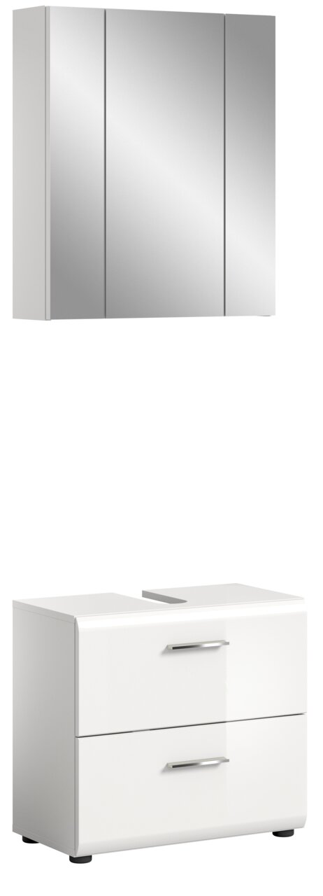 Moderne Badkombination mit Spiegelschrank und Unterschrank in weißer Hochglanzoptik, frontal abgebildet.