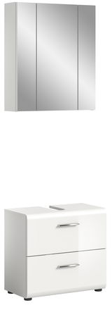 Moderne Badkombination mit Spiegelschrank und Unterschrank in weißer Hochglanzoptik, frontal abgebildet.