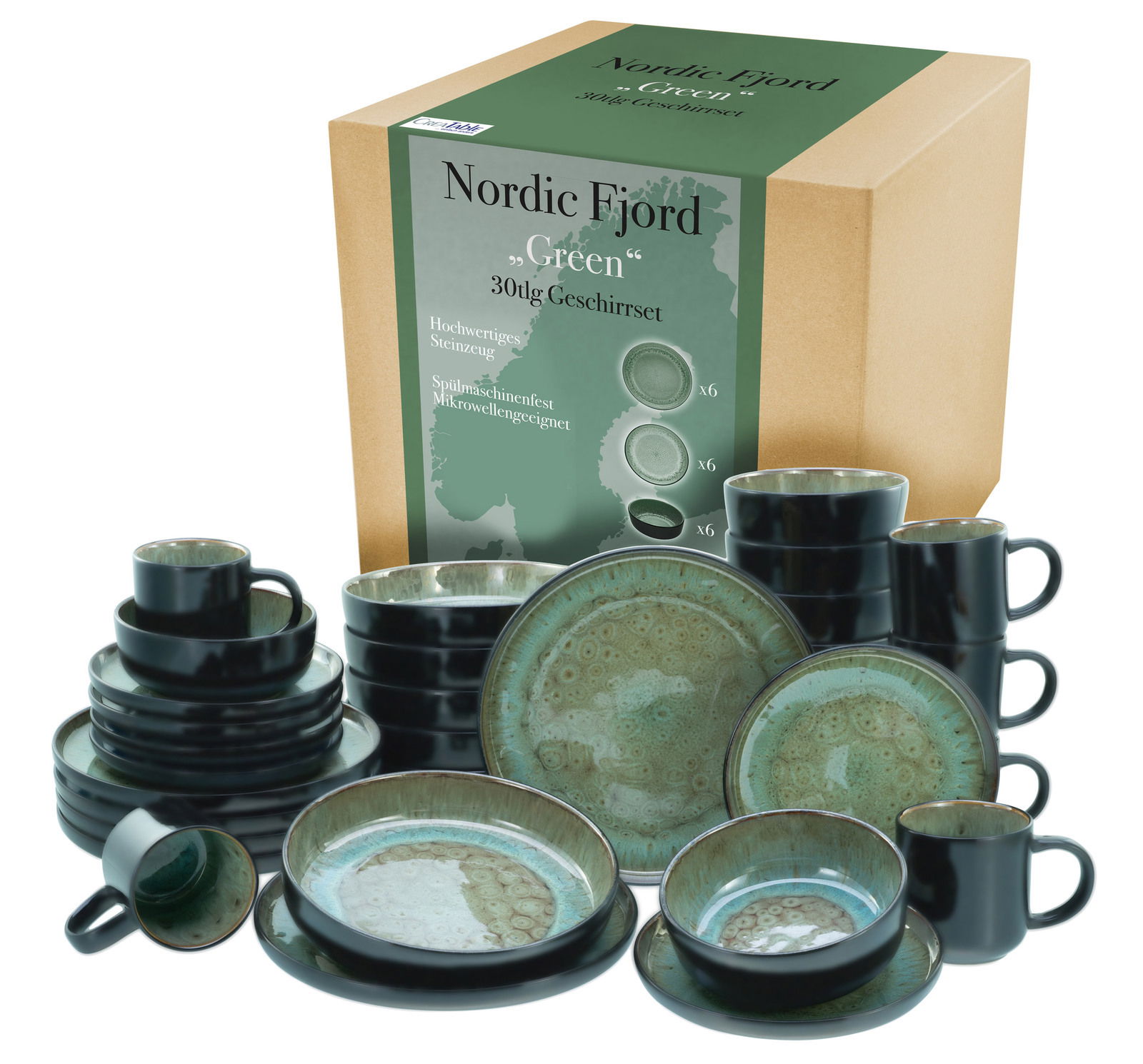 Creatable Kombiservice 30-tlg. NORDIC FJORD Kombiservice 30-tlg. Green aus hochwertigem Steingut, bestehend aus Tellern, Schalen und Tassen in einem eleganten Grün mit einzigartigem Muster, präsentiert aus einer leicht erhöhten Perspektive.