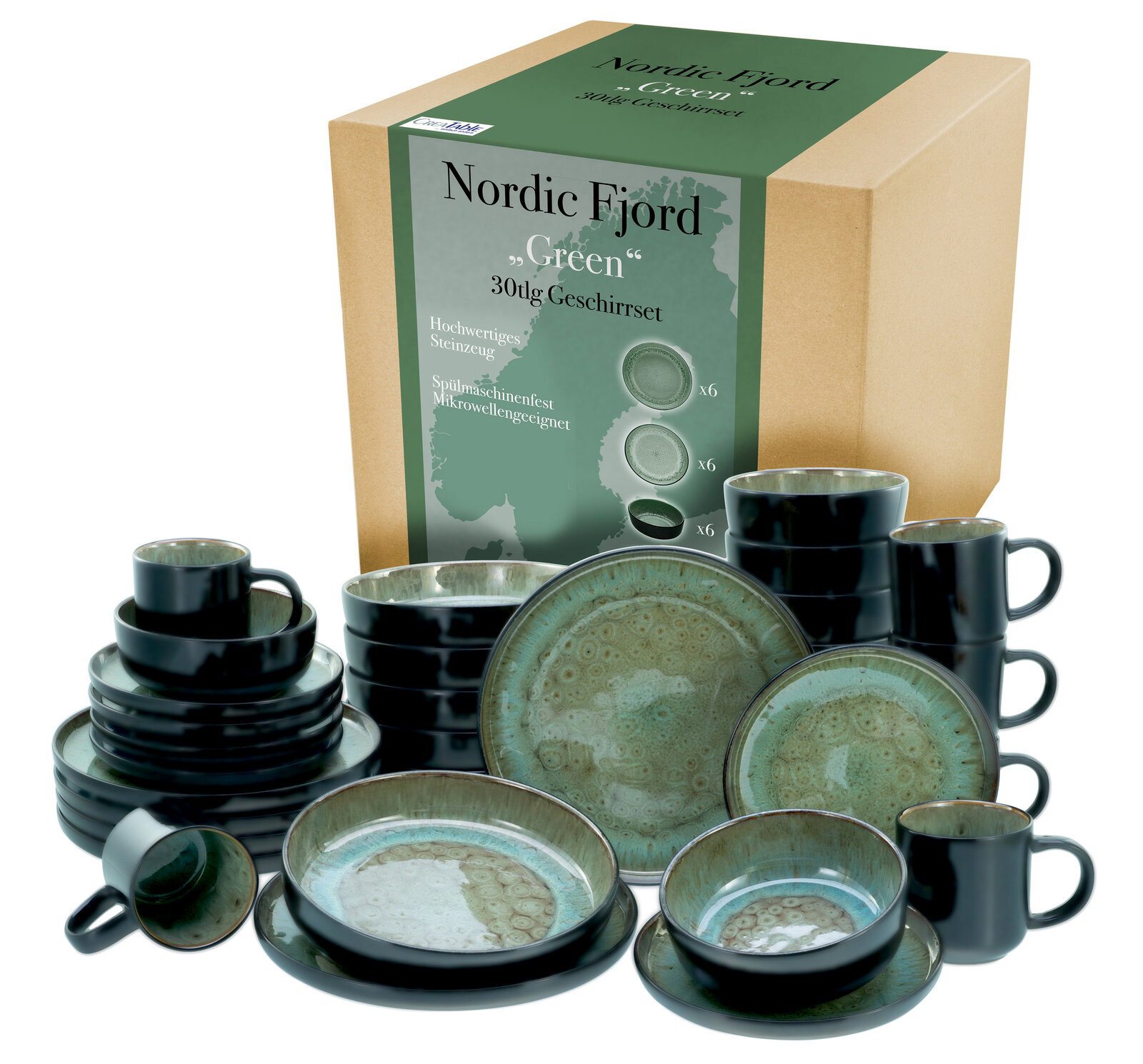 Creatable Kombiservice 30-tlg. NORDIC FJORD Kombiservice 30-tlg. Green aus hochwertigem Steingut, bestehend aus Tellern, Schalen und Tassen in einem eleganten Grün mit einzigartigem Muster, präsentiert aus einer leicht erhöhten Perspektive.