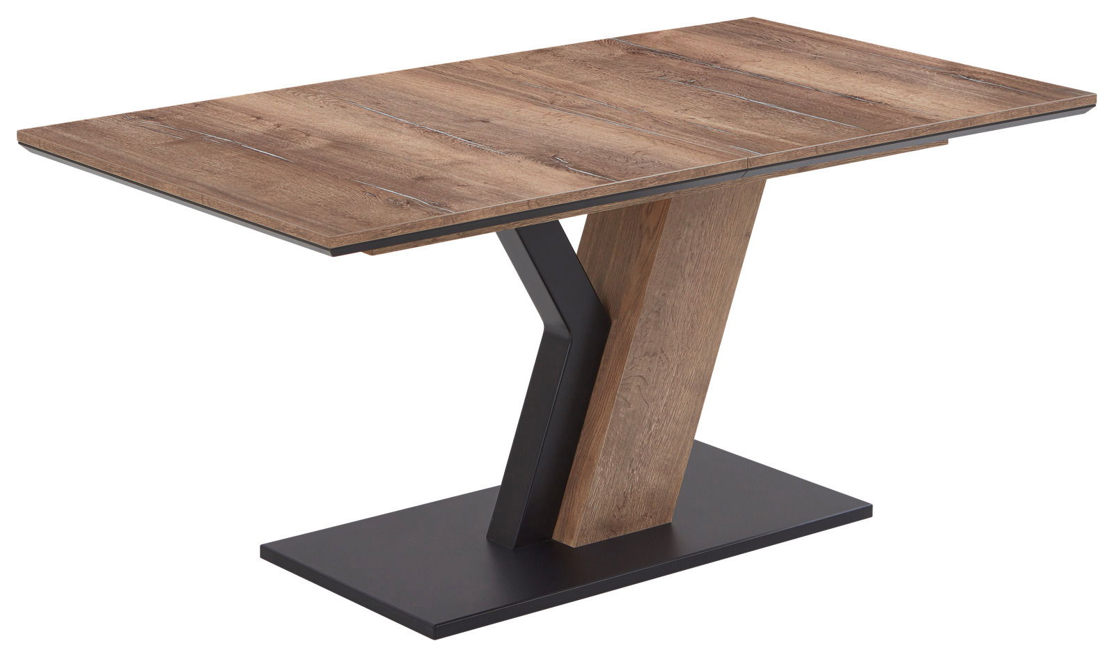 Moderner Esstisch mit Holzoptik und schwarzem Metallgestell, seitliche Perspektive