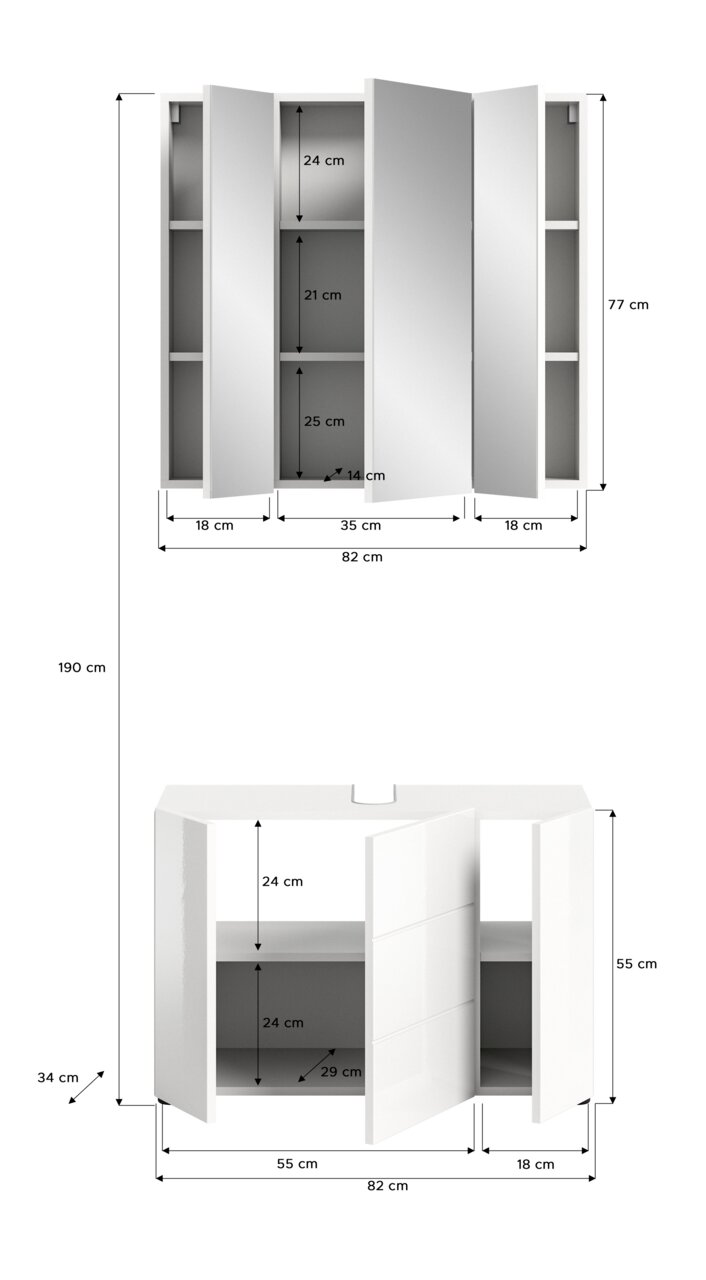 Badezimmerschrank-Kombination mit Spiegelschrank und Unterschrank, Frontansicht. Maße: Spiegelschrank 82 cm Breite, 77 cm Höhe; Unterschrank 82 cm Breite, 55 cm Höhe.