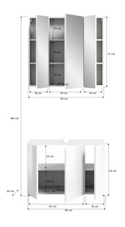 Badezimmerschrank-Kombination mit Spiegelschrank und Unterschrank, Frontansicht. Maße: Spiegelschrank 82 cm Breite, 77 cm Höhe; Unterschrank 82 cm Breite, 55 cm Höhe.