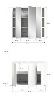 Badezimmerschrank-Kombination mit Spiegelschrank und Unterschrank, Frontansicht. Maße: Spiegelschrank 82 cm Breite, 77 cm Höhe; Unterschrank 82 cm Breite, 55 cm Höhe.