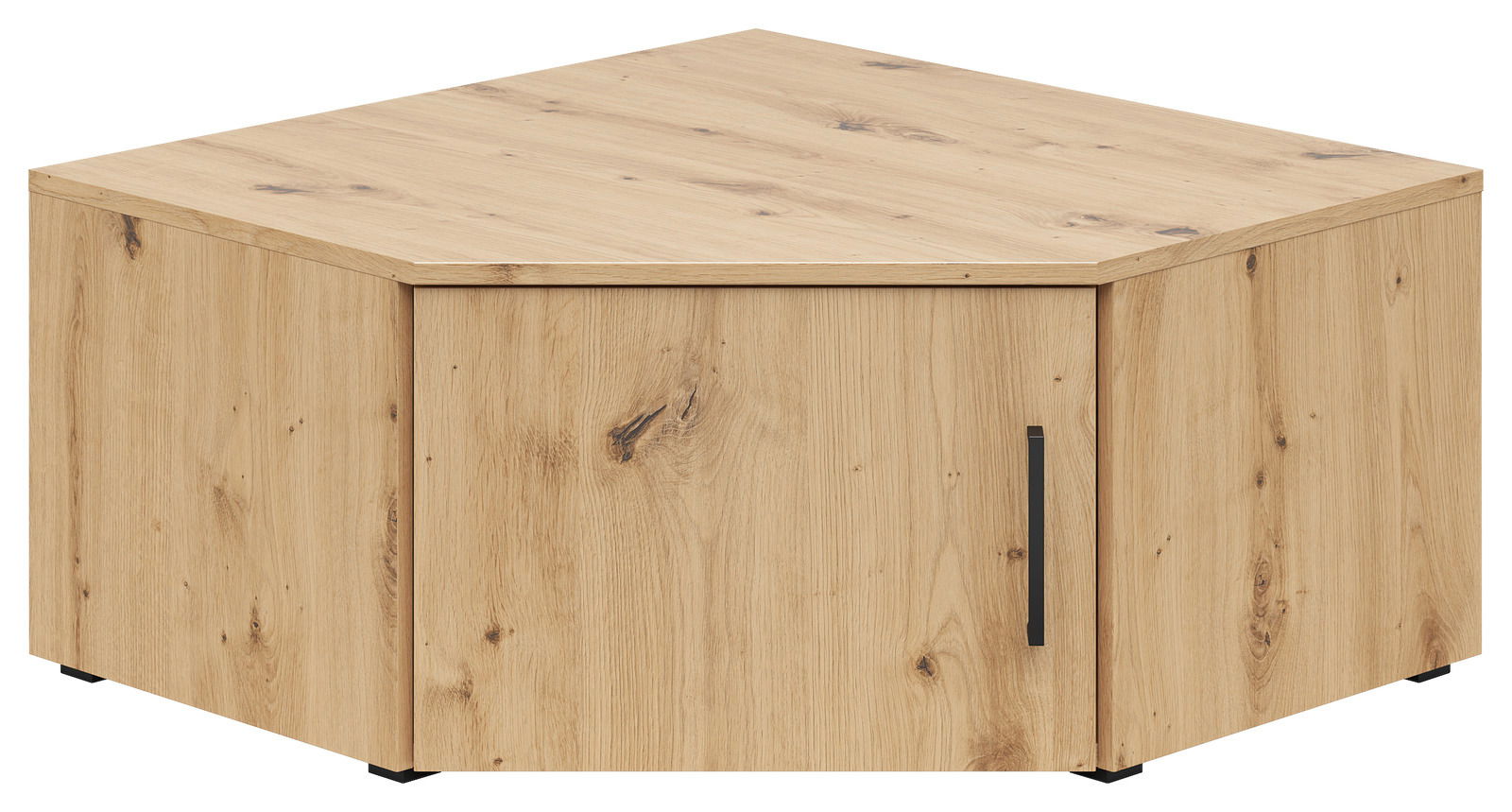Eckaufsatzschrank aus Holz in Eichenoptik, perspektivisch von vorne links gesehen.