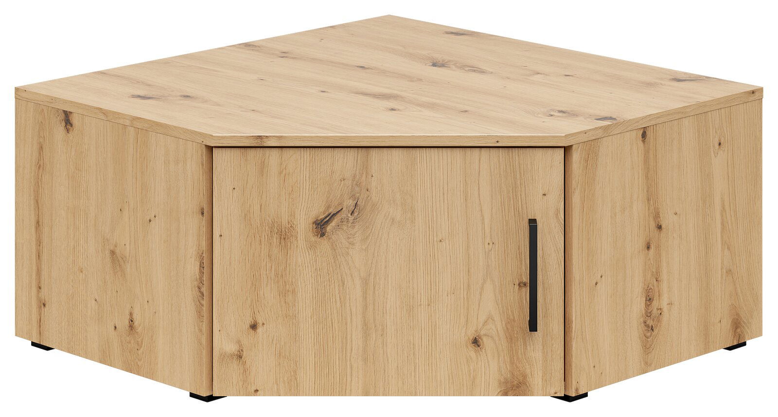 Eckaufsatzschrank aus Holz in Eichenoptik, perspektivisch von vorne links gesehen.