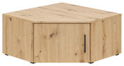 Eckaufsatzschrank aus Holz in Eichenoptik, perspektivisch von vorne links gesehen.